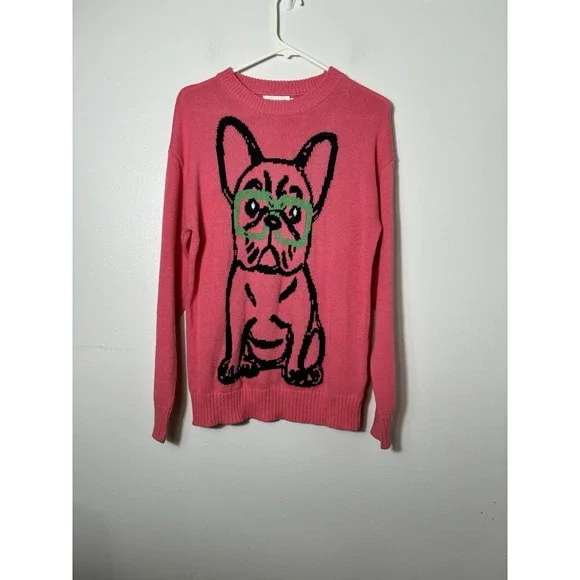 OXKNIT Crew Neck Knit Sweater Sz Large Pink Bulldog 100% Cotton Retro - Picture 2 of 8
